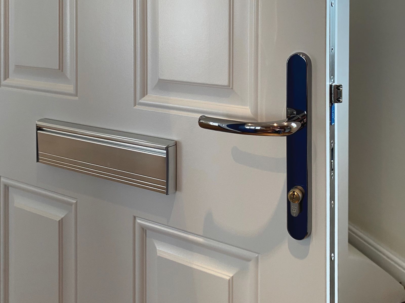 The handle and lock on a flat entrance doorset