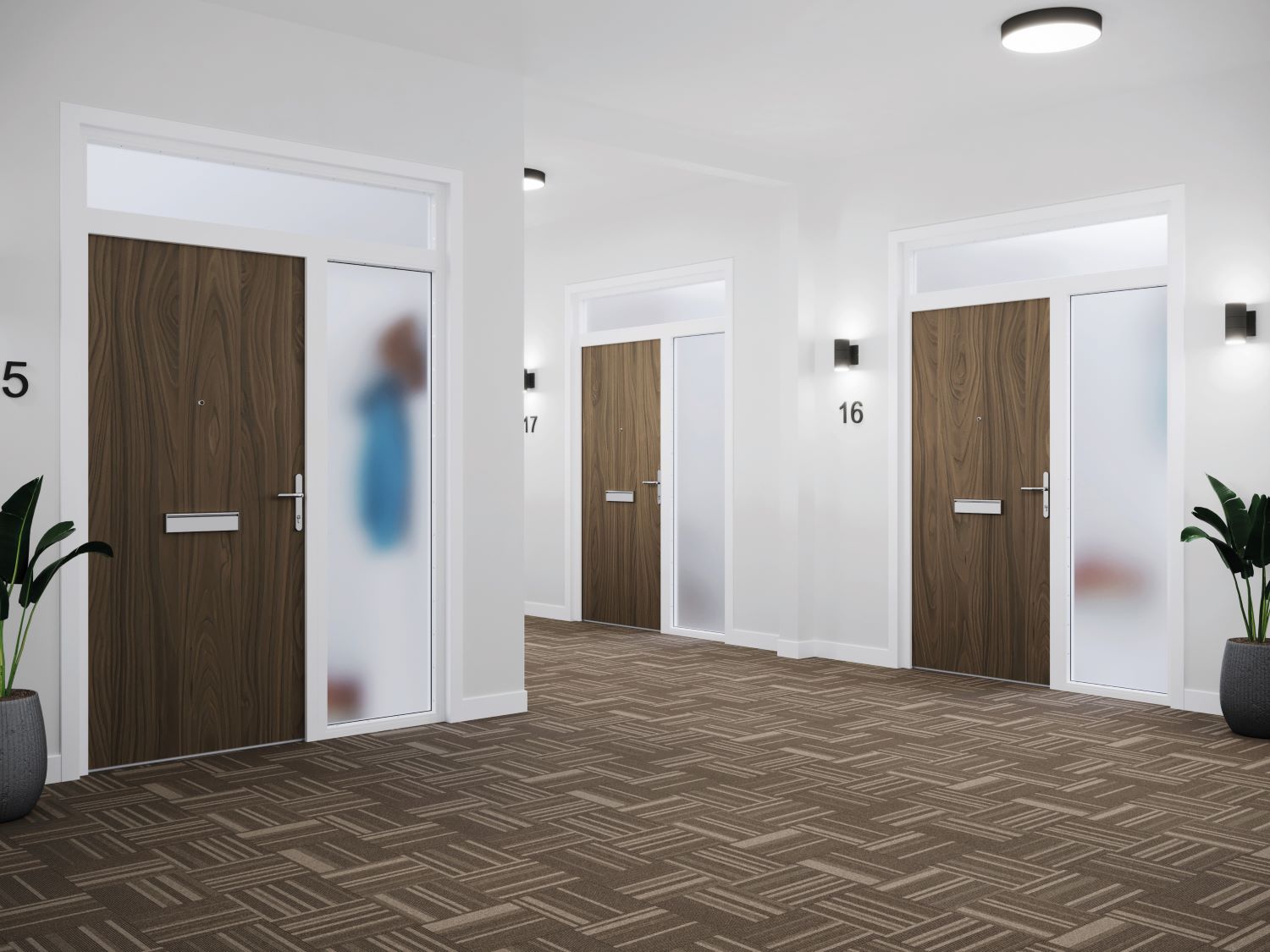 Three laminate flat entrance doorsets on a corridor