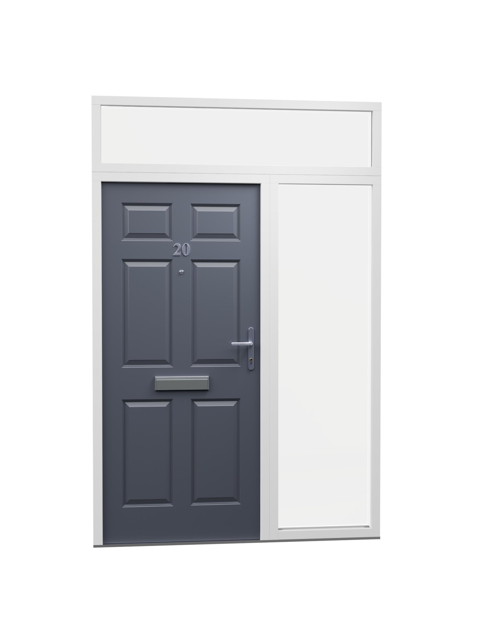 A grey flat entrance doorset with side and toplights